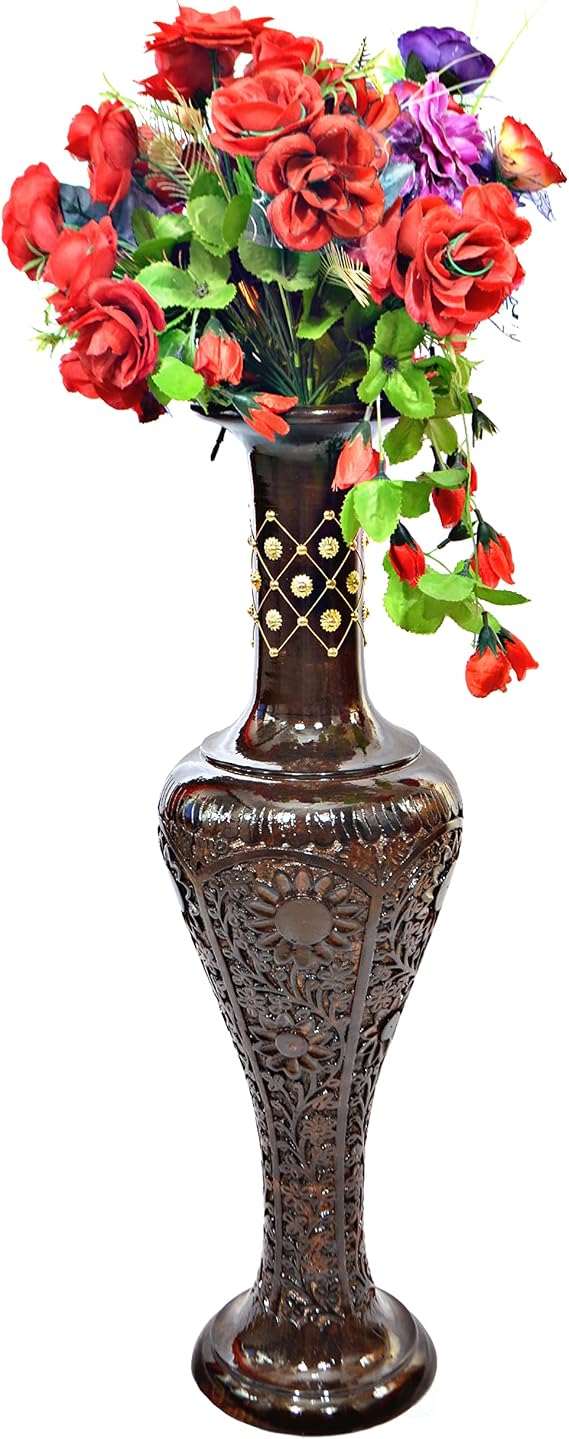 Uniquewise Antique Decorative Brown Hand Curved Mango Wood Floor Flower Vase with Unique Textured Pattern, 30 Inch (QI004011)