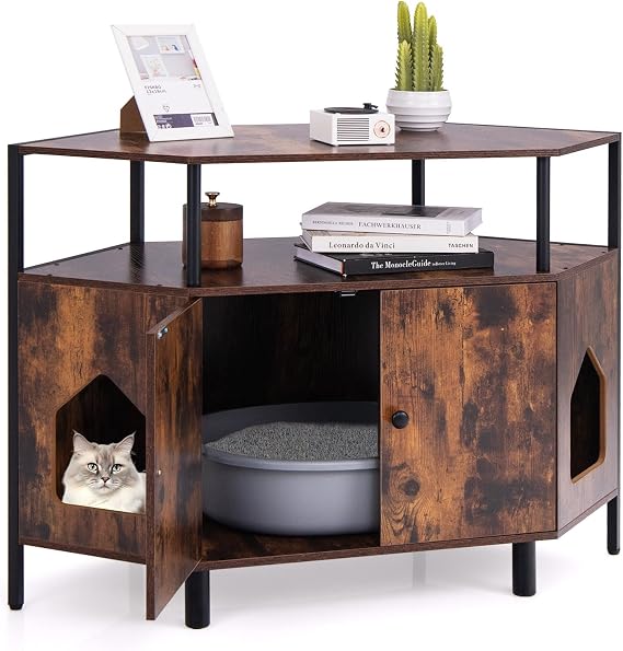 PETSITE Corner Cat Litter Box Enclosure, Litter Box Corner Cabinet with 2 Entrances, Open Shelf, and Double Doors, Industrial/Modern Style Hidden Litter Box Furniture for Cat Kitty (Rustic Brown)