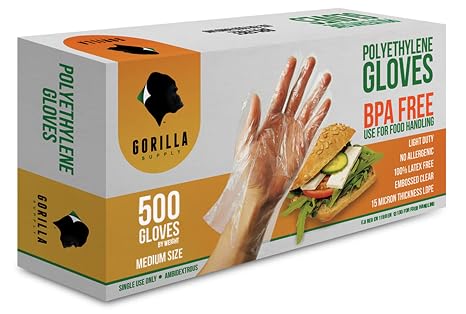 GORILLA SUPPLY 500 BPA Free Premium Disposable Gloves Poly PE LDPE Plastic for Kitchen Food Handling Food Prep Latex & Powder Free (500 Count, Medium)