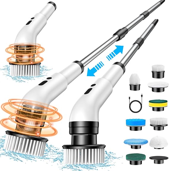 Electric Spin Scrubber, IPX7 Waterproof Floor Shower Scrubber with 9 Replaceable Brush Heads, 3 Speeds Cordless Bathroom Scrubber with Adjustable Handle for Bathroom, Tub, Tile, Floor, Kitchen