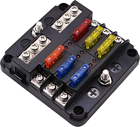 12 Volt Fuse Block, Waterproof 6 Way Fuse Box with 6 Ground Negative Busbar for Automotive[100 Amp Max] [LED Indicator] for Car Golf Cart Boat Marine RV DC 12-24V