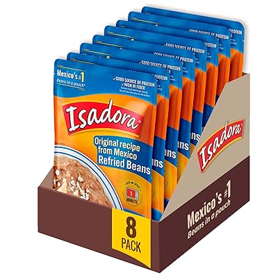 Isadora Original Refried Beans in Pouch Pack of 8, Delicious Refried Pinto Beans, Microwave Food Premade Meals, Plant Based Protein,15.2 oz