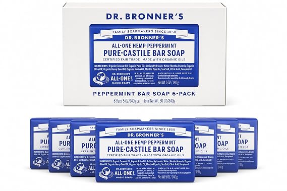 Dr Bronner's Pure Castille Peppermint Bar Soap, 5 Ounce (Pack of 6)