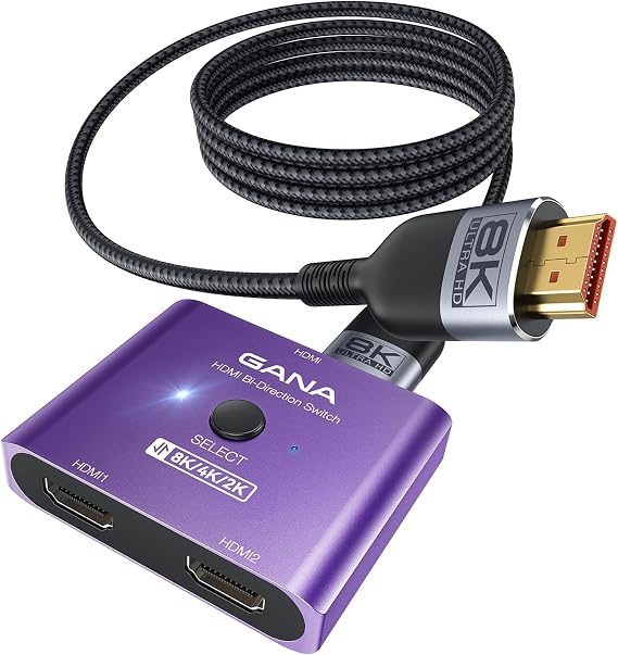 GANA HDMI 2.1 Switch, Ultra HD 8K Bi-Directional HDMI Splitter Switcher Support 4K@120Hz, 8K@60Hzwith 4.9FT HDMI Cable, Aluminum HDMI Selector for PS5/PS4, Xbox, Roku, TV, Fire Stick, Dark Purple