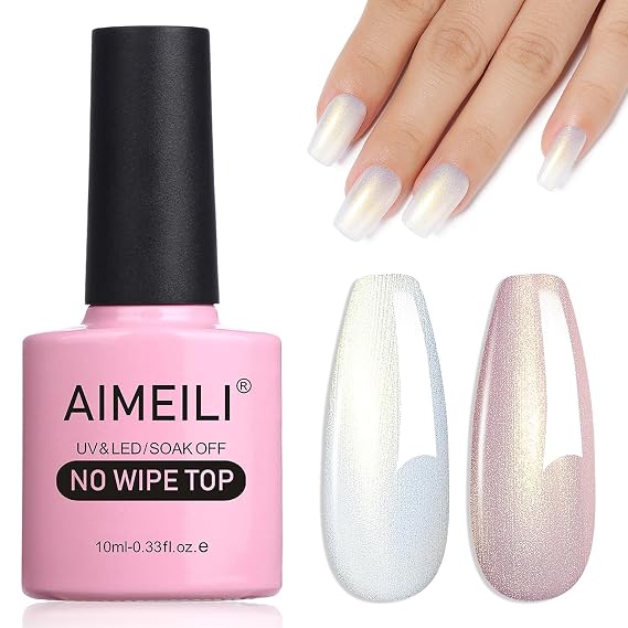 AIMEILI Gel Polish Glitter Top Coat, Hema Free, Cruelty Free, Vegan, 2 In 1 High Glossy Shiny Pearl No Wipe Top Gel for Nail Art 007