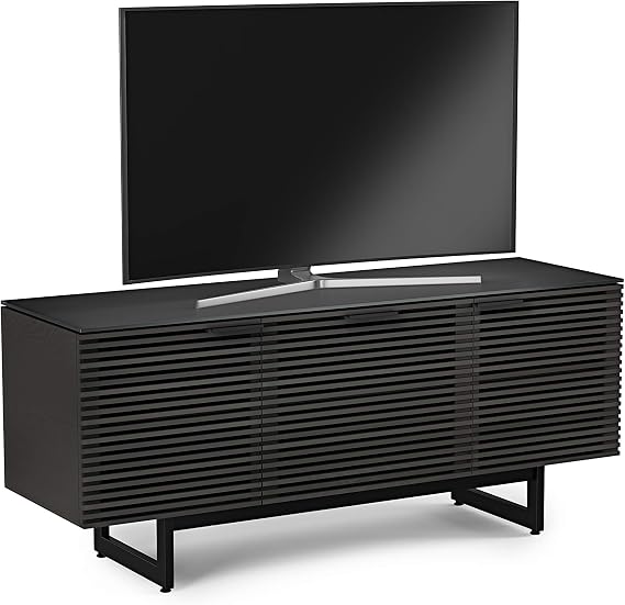 BDI Furniture Corridor 8177-65'' TV Stand for TVs up to 70" with Soundbar Shelf, Storage Drawer, Cable Management, Remote-Friendly Louver Doors, Satin-Etched Glass Top, Charcoal Stained Ash