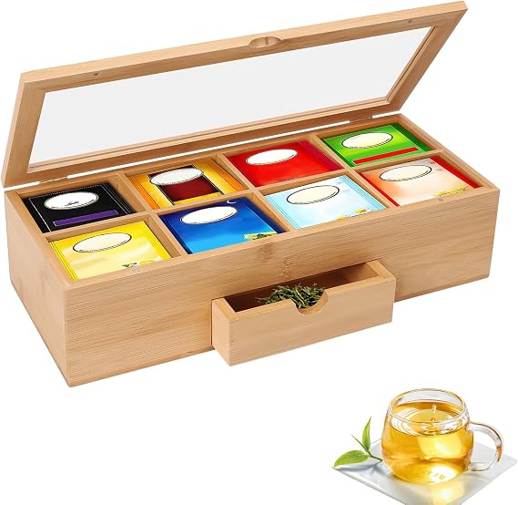 Tea Bag Organizer, Tea Box Organizer Storage Box Tea Bag Holder with Drawer & Acrylic Window 8 Compartment Tea Storage Chest Container for Spice Pouches and Sugar Packets