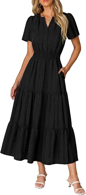 RUMIA Dresses for Women Summer Midi Maxi Short Sleeve Vacation Dress | Dress Up or Down, Breathable Summer Dress, A-line, Lightweight, Side Pockets, Elastic Waist, High Waistline, Flowy Fit