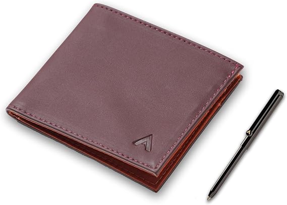 Allett ID Wallet & Pen Bundle | Merlot Leather, RFID Blocking | Slim Minimalist Bifold Wallet | Water Resistant & Durable | Holds 4-12+ Cards, Cash