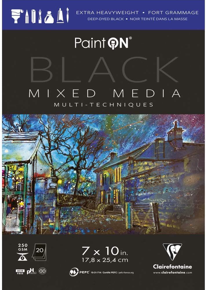 Clairefontaine - Ref 975490C - PaintON Mixed Media Black Glued Pad 20 Detachable Sheets - 22.29 x 30.5cm 9 x 12in, 250gsm Heavyweight Paper USA Version