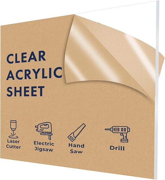 Falken Design Clear Acrylic Sheet - 10" x 24" x 1/8", Thick Clear Plexiglass Plastic Sheet for DIY Home Decor, Painting, Craft Projects, Signage - Durable Material for Versatile Applications