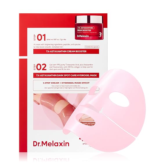 Dr.Melaxin TX Astaxanthin Melanin Recovery & Firming Hydrogel Mask (4 Sheets) Dark Spot Correcting 2-Step Mask with Tranexamic Acid, Niacinamide, PDRN & Collagen for Elasticity