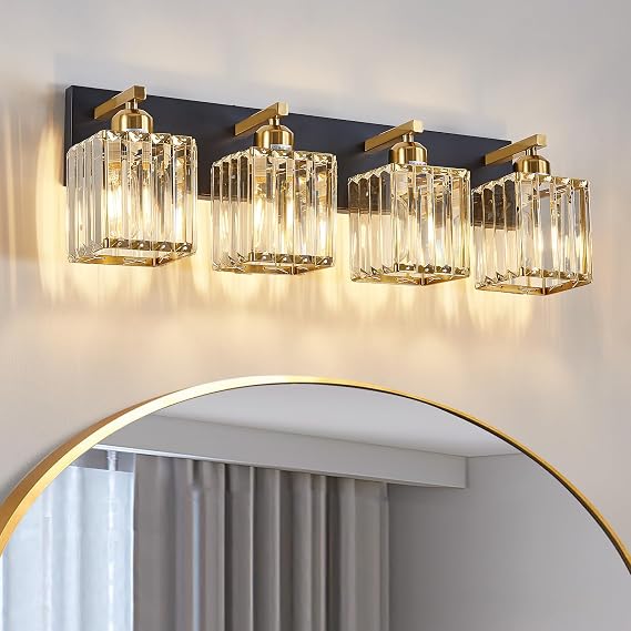 Modern Crystal Bathroom Vanity Light 4-Lights Modern Black Gold Crystal Bathroom Wall Light Over Mirror Vanity Light Fixtures