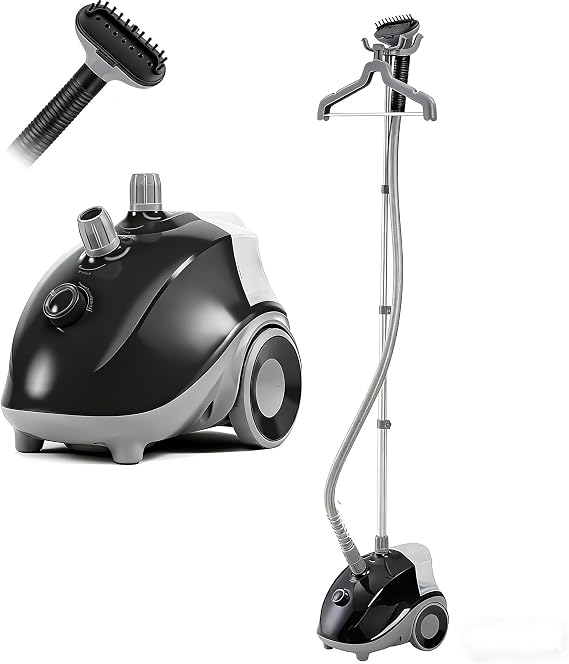 Simple Deluxe Standing Garment Steamer with Wheels, 1500W High-Power Steam, 1.7L Tank for 55 Mins Non-Stop Use, Adjustable Telescopic Pole, Professional Wrinkle Eraser for Clothes, Black