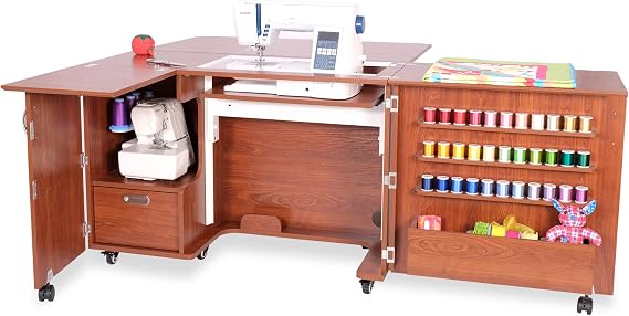 Arrow K8405 Wallaby Kangaroo Sewing, Cutting, Quilting, Crafting Cabinet and Table, Includes Storage and Airlift, Portable with Wheels, Teak Finish