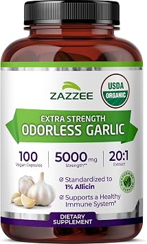 Zazzee USDA Organic Odorless Garlic 201 Extract, 1% Allicin, 100 Vegan Capsules, 3+ Month Supply, Allium Sativum, Immune, Circulation & Heart Health Support, All-Natural, Non-GMO, Made in the USA