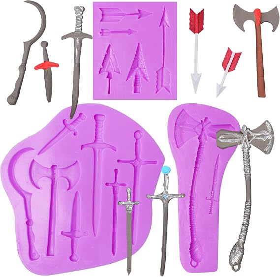 Sword Silicone Molds 3-Pieces, Weapon Axe Arrow Battle Fondant Molds for Cake Decorating, Candy Chocolate, Sugar Craft, Cupcake Toppers, Epoxy Resin Crafts, Clay Projects, Gypsum