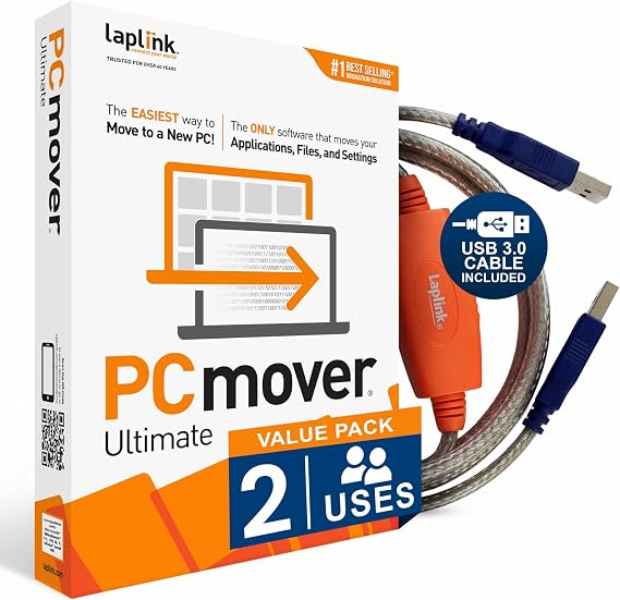 Laplink PCmover Ultimate 11 - Migration of your Applications, Files and Settings from an Old PC to a New PC - Data Transfer Software - With Optional Ultra-High-Speed USB 3.0 Transfer Cable - 2 License
