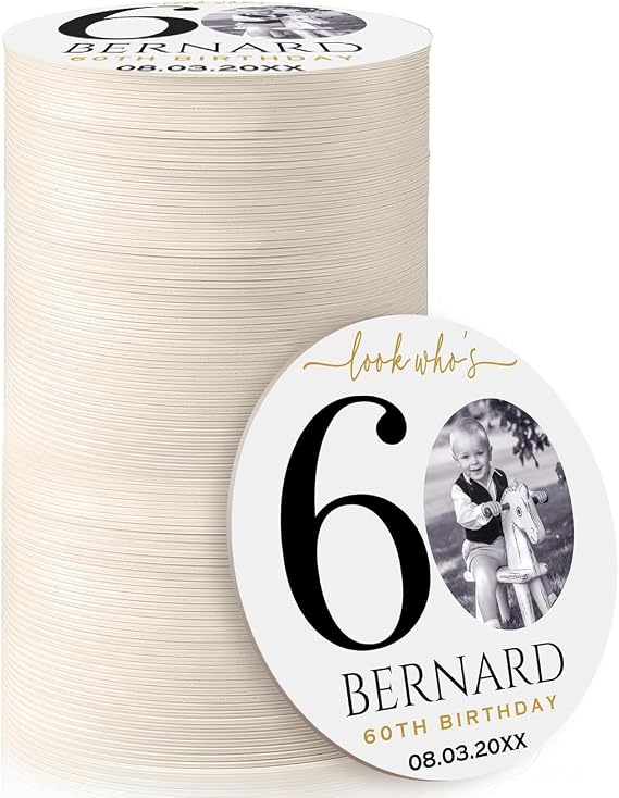 100 Pack Personalized 60th Birthday Party Coasters, Custom Cardboard Drink Coasters with Photo Print and Text, Fun Birthday Favors and Decorations, 3.95" Round, Design 5