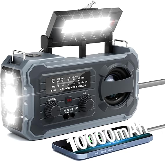 Hand Crank Emergency Radio 10000mAh Weather Radio with AM/FM/NOAA, Grey