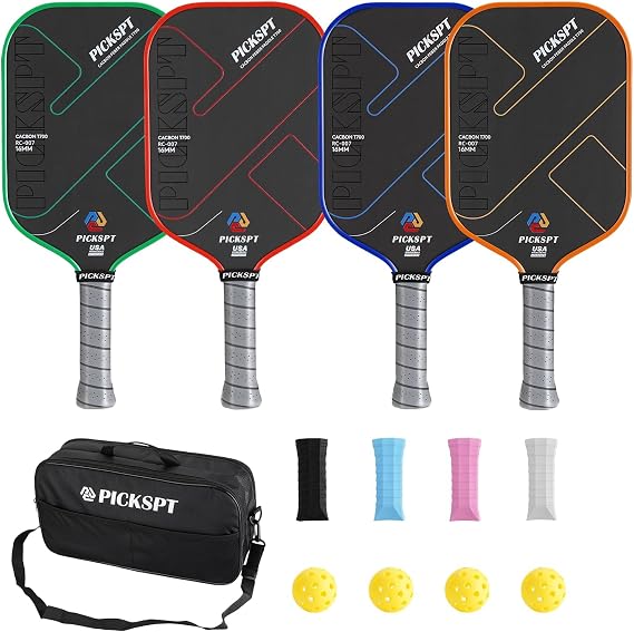 USAPA Approved Pickleball Paddles: 3K/T700 Carbon Fiber Surface, Polypropylene Core, Lightweight (7.8-8oz), with Pro Bundle (Balls, Grips, Bag) & ThermoformedSingle Paddle Option