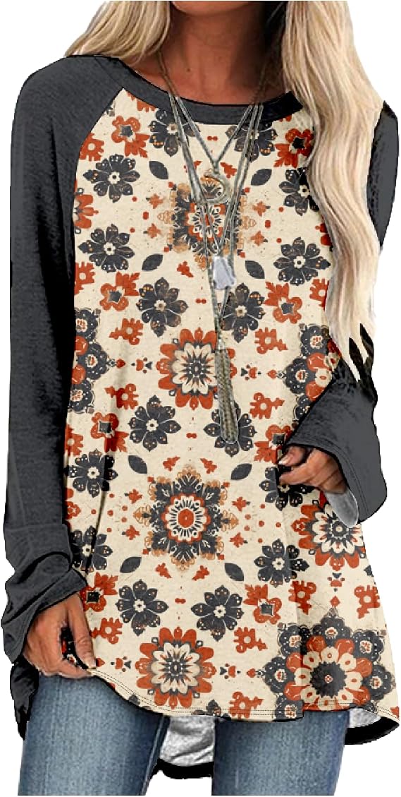Bengbobar Women's Western Shirts Long Sleeve Crewneck Aztec Tunic Tops For Women Loose Fit Graphic Geometric Vintage Shirt