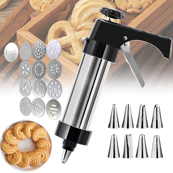 Stainless Steel Cookie-Press Gun Kit - With 13 Metal Cookie Press Discs And 8 Icing Tips For Biscuit, Cake Decoration