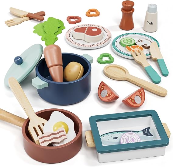 Lehoo Castle Wooden Play Kitchen Accessories, Play Food for Toddlers 3+