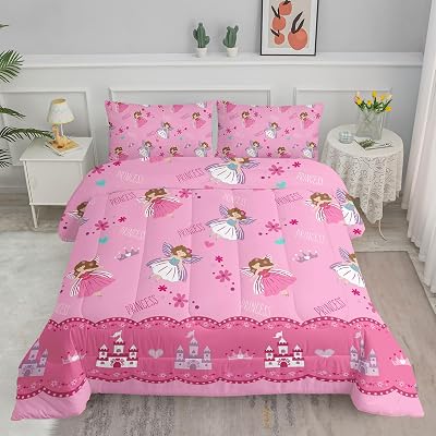 Girls Comforter Set Twin Size,Princess Fairy Castle Kids Bedding Set,3Pcs Castle Bed Sets with 1 Comforter 2 Pillowcases for Teens Kids Girls Adults Room Decor All SeasonPink Princess Fairy Castle