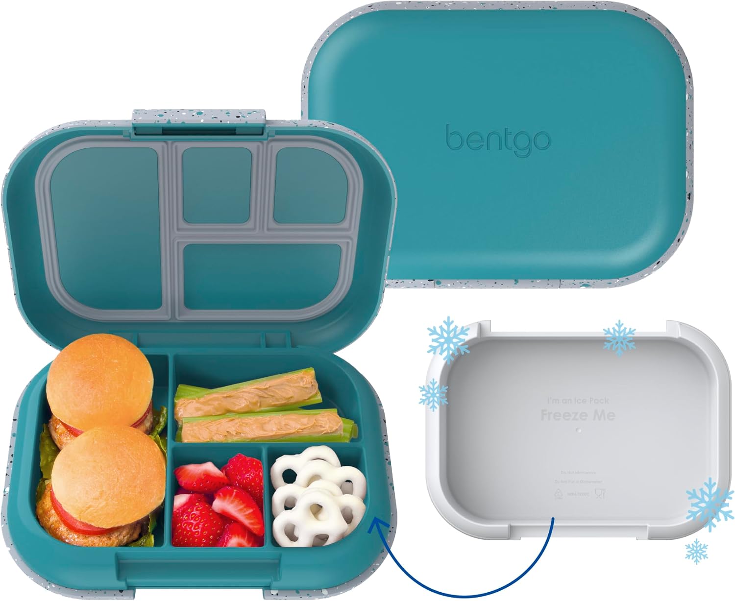 Bentgo Kids Chill Lunch Box - Confetti Designed Leak-Proof Bento & Removable Ice Pack 4 Compartments, Microwave Dishwasher Safe, Patented, Confetti Edition Truly Teal