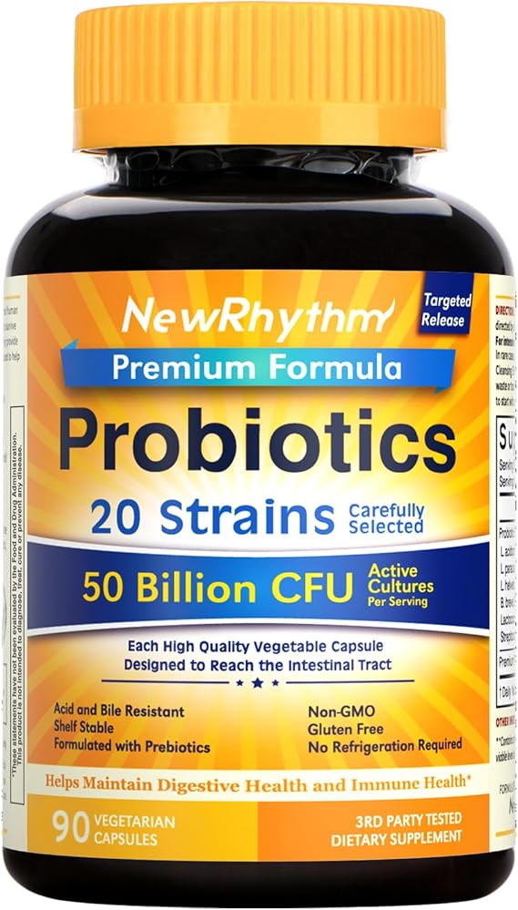 NewRhythm Probiotics 50 Billion CFU 20 Strains, 90 Veggie Capsules, Targeted Release Technology, Stomach Acid Resistant, No Need for Refrigeration, Non-GMO, Gluten Free