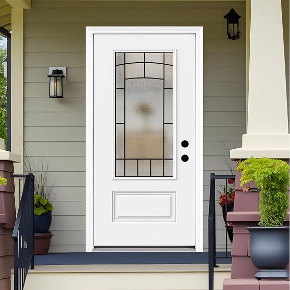36x80 in Fiberglass Exterior Entry Door, Front Door-3/4 View Decorative Glass-Smooth Prime White Knock-Down Door, Left-Hand Inswing, Brickmould Included