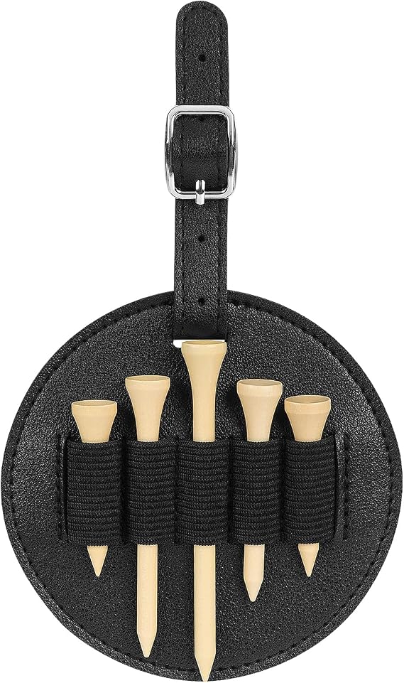 Tee Holder Pouch, Black Leather Bag Tag with 5 Wooden Tees, Portable Bag Organizer, Durable Golf Accessories, Golf Gift for Men