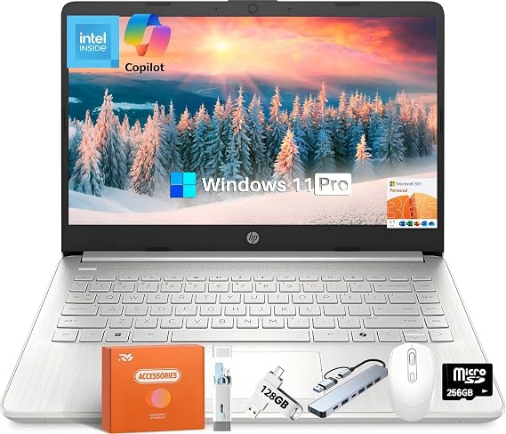 HP 14" Lightweight Laptop - Intel Quad-Core N150 (Up to 3.6 GHz), 16 GB RAM, 128 GB UFS + 256 GB MSD, Wi-Fi 6, Long Battery Life, HDMI, USB-C, HD Webcam, Students & Business, Copilot, Windows 11 Pro