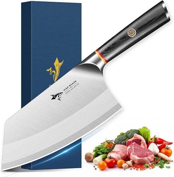 MAD SHARK 7 Inch Meat Cleaver Knife Professional German Stainless Steel | Vegetable Knife, Stainless Steel with Beautiful Pakkawood Handle, Heavy Duty Blade for Chef, Home Kitchen and Restaurant