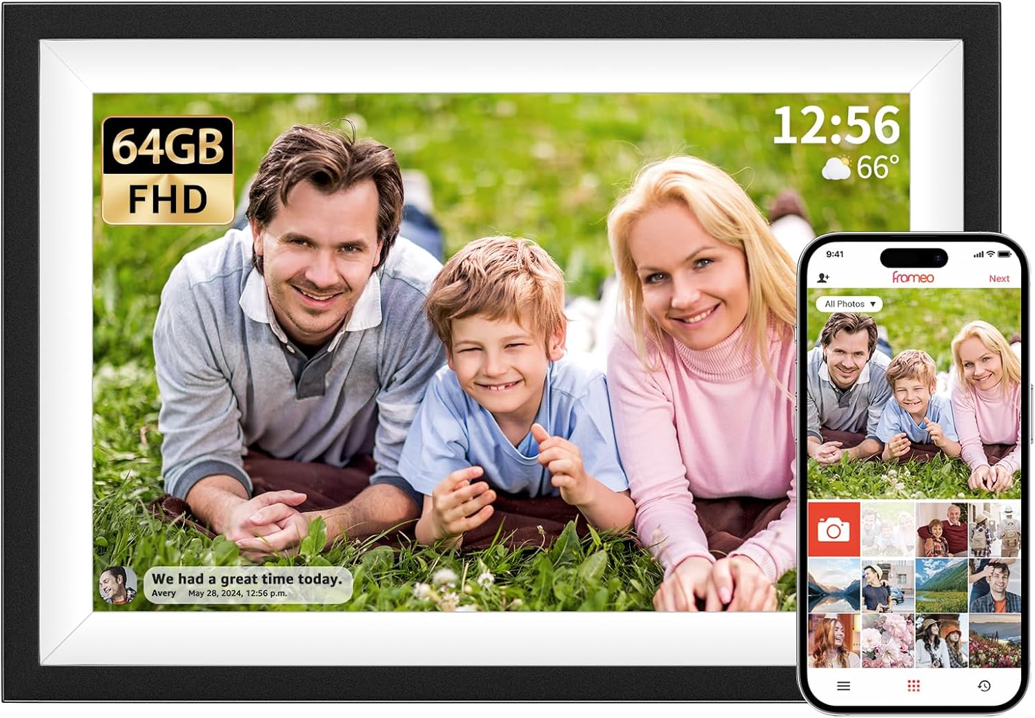 Digital Picture Frame WiFi 10.1 IPS Display 1280x800 Touch Screen 64GB Storage, Instantly Share Photos and Videos via Frameo