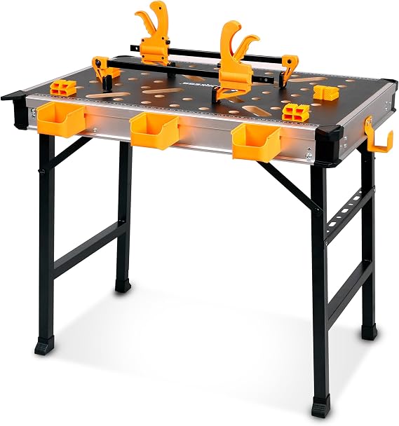 WORKESS Portable Workbench 1000Lbs Capacity Heavy Duty Folding Work Table with 2 Quick Clamps, 4 Bench Dogs, 3 Tool Boxes for Garage Easy Storage