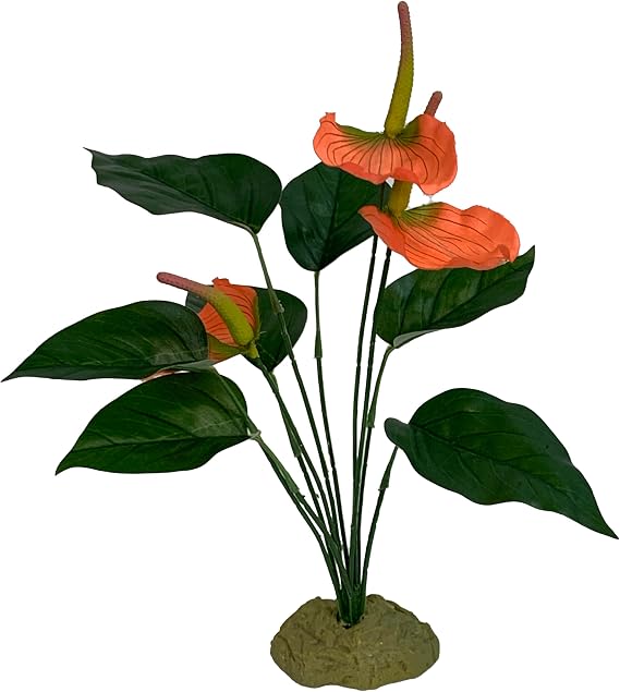 Komodo Reptile Terrarium Anthurium Bush Plant with Gravel Base | Artificial Rainforest Ground Aquarium & Habitat Decoration Accessory with Weighted Base, 15 Inches