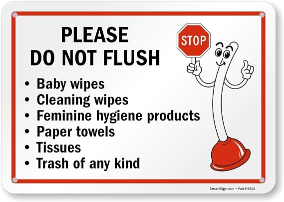 SmartSign 7 x 10 inch Please Do Not Flush - Wipes, Feminine Hygiene Products, Paper Towels, Tissues, Trash Bathroom Etiquette Sign with Funny STOP Symbol, 55 mil HDPE Plastic, Red, Black and White