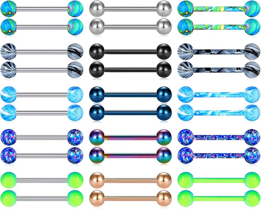 Mayhoop 14G 36Pcs Stainless Steel Nipple Rings Tongue Rings Straight Barbell Bars Piercing 14mm 16mm 18mm in Length for Women Men