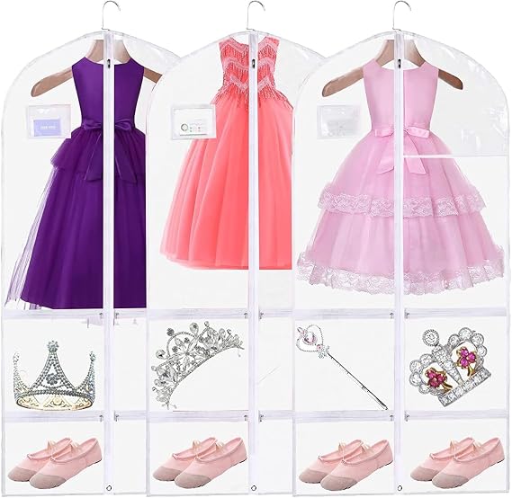Clear PVC Dance Costume Bags(3 Pack),Garment Bag 40 Inch for Dance Competitions Cheerleading,Hanging Clothes Travel Dance Bags with 4 Pockets.Dance Essentials Cheer Bag for Girls Kids Recitals Dresses