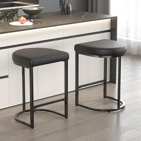 KCC Bar Stools Set of 2, 26 Inch Counter Height Stools, PU Leather Upholstered Bar Chairs with Metal Frame, Modern Bar Stools for Kitchen Island, Dining, Living Room, Black