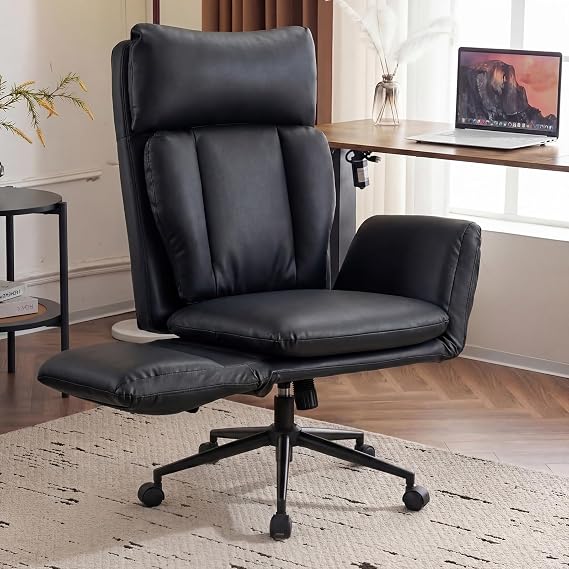 SAMERY Criss Cross Chair with Wheels, Wide Cross Legged Office Chair with Adjustable Armrests & Backrest, Height Adjustable Swivel Big and Tall Office Desk Chair for Study Vanity Computer Task (Black)