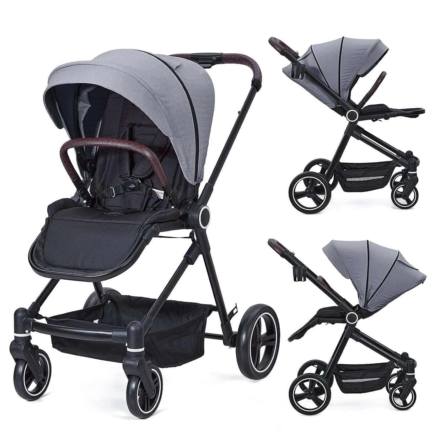 Grey Baby Stroller, High Landscape Pushchair with Reversible Seat One Hand Fold, 4 Modes Convertible Travel System, Adjustable Canopy & Footrest, Large Storage Basket & Cup Holder, for Toddler Infant