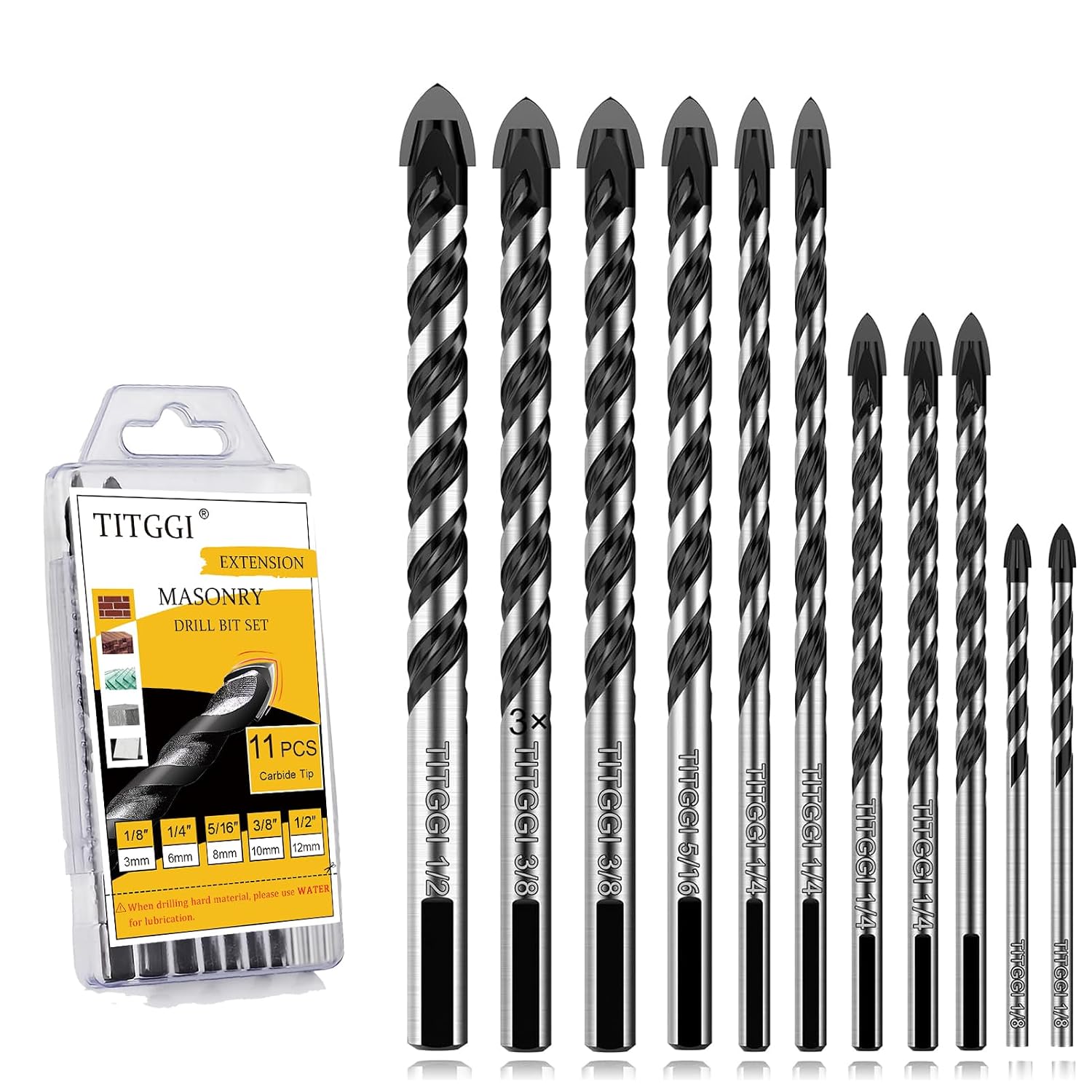 11PCS Masonry Drill Bit Set & Concrete Drill Bit Set, Extension Professional Carbide Drill Bit Set for GlassBrickPlasticCementWoodTileEtc, 18-12 by TITGG