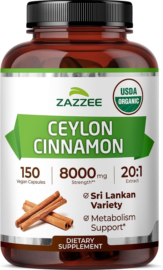 Zazzee USDA Organic Ceylon Cinnamon 20:1 Extract, 150 Capsules, Sri Lankan