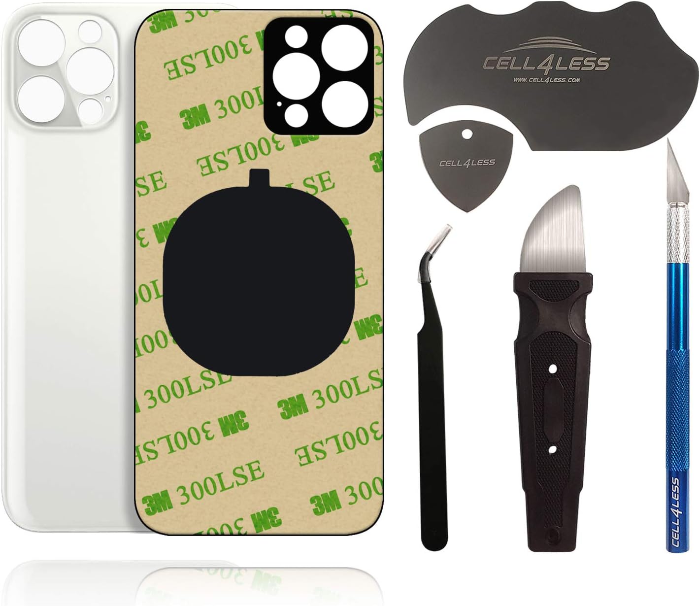 Cell4less Back Glass Compatible with The iPhone 12 Pro Max WFull Body Adhesive, Removal Tool, and Wide Camera Hole for Quicker Installation NO Logo Silver