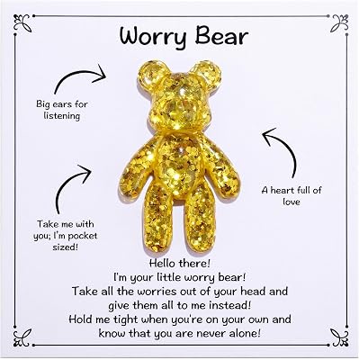 Aesnefe Worry Bear, Pocket Bear Hug, Anxiety Gifts for Men Women, Anxiety Relief Gifts, Mental Health Positivity Gift for Anxious Friend, Back to School Reminder of Comfort, Gold