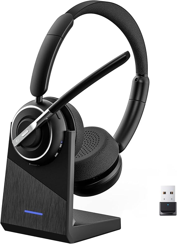 PrancyBt Upgraded Wireless Headset with Mic for Work, Bluetooth Headset with Noise Canceling Microphone with Dongle, Charging Base & Mic Mute, Wireless Headphones for Work from Home/PC/Computer
