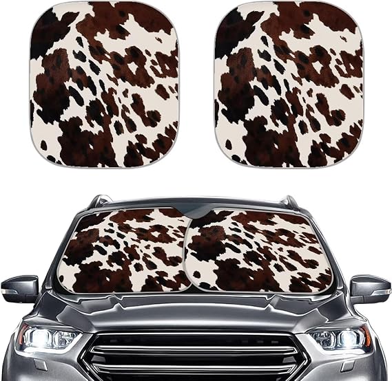 Brown Cow Print Sun Shade 2 Pieces Automotive Car Windshield Sunshades 28.5x25.5 inch Foldable Car Front Window Sunshade for Most Sedan Vans Trucks